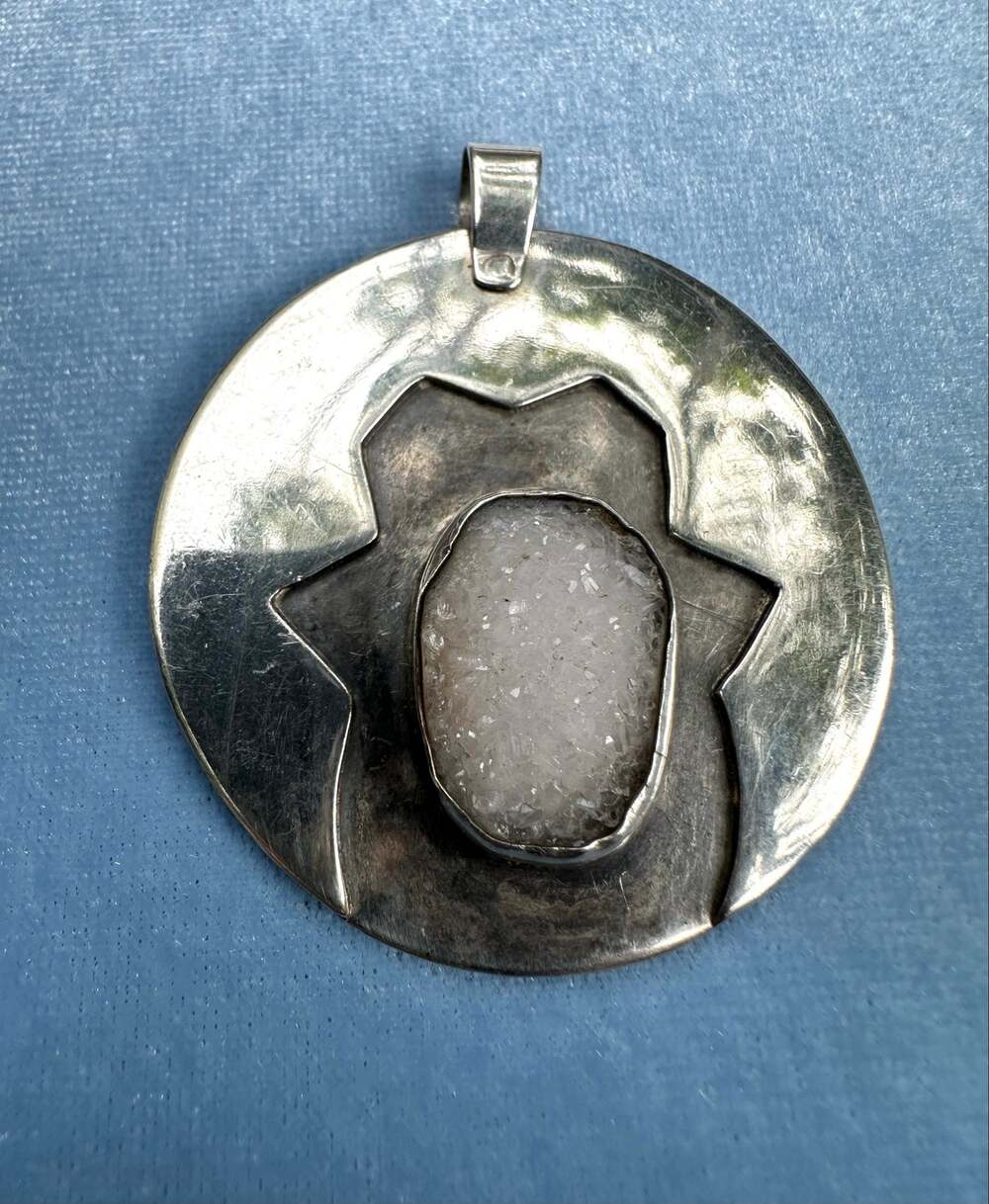 Handcrafted Sterling Silver White Druzy Quartz Crystal Geode Pendant
